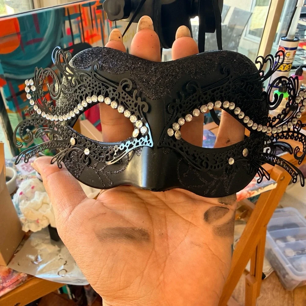 Pair of Black Rhinestone Filigree Masquerade Masks with a little black sparkle